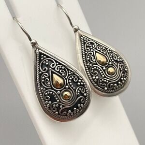 BA Suarti Sterling Silver 18K Gold Ornate Bali Teardrop Earrings Granular Silver